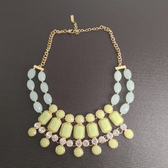 Blubrebar Gold Tone Green Aqua Statement Necklace Beaded Resin Rhinestones - Picture 2 of 8
